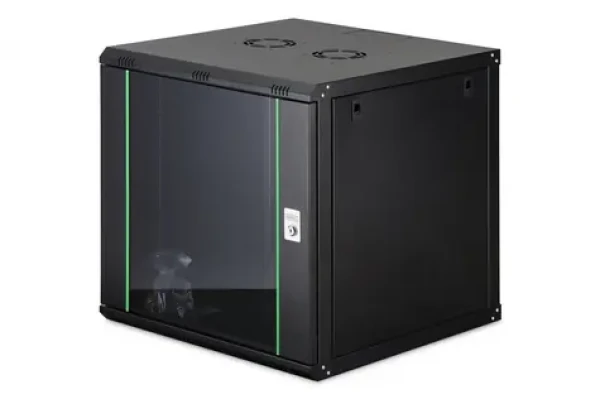 Digitus Dynamic čierna / Nástenný rozvádzač / 19" / 12U / 607x600x600 mm / sklenené dvere / aktívne chladenie (DN-37111)