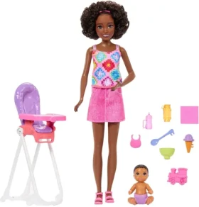 Mattel Bábika Barbie Skipper Klub opatrovateľiek Set s bábätkom a jedálenskou stoličkou (JJB45)