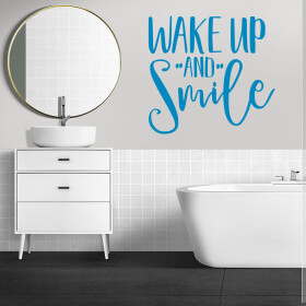 Veselá Stena Samolepka Nápis Wake up and Smile Farba: modrá, Veľkosť: 100 x 93 cm