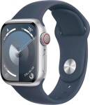 Apple Watch Series 9 GPS + Cellular, 41mm Koperta z aluminium w farbaze strieborným z paskiem sportowy w farbaze sztormowego błękitu - S/M