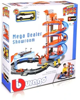 Bburago STREET FIRE Veľká parkovacia herná súprava - garáž a showroom s dvoma autíčkami 1:43