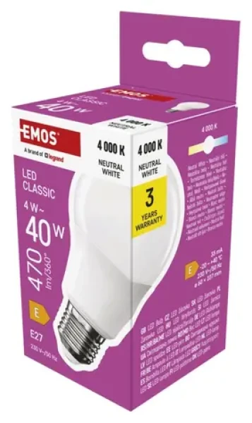 Emos LED žiarovka Classic A60 4W / 40W E27 / neutrálna biela / 470 lm (1525733470)