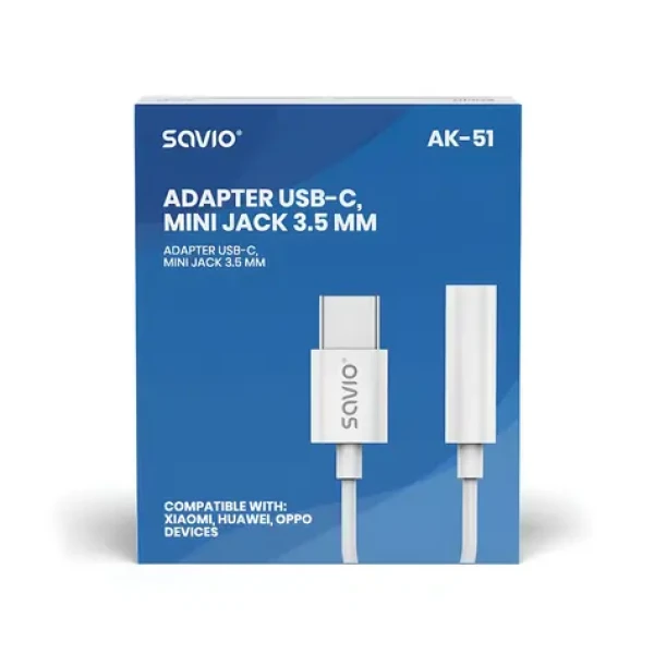 Adaptér USB-C - Jack 3,5mm AK-51 biela / Audio adaptér / Pre XIAOMI, Huawei, Oppo (SAVIO AK-51)
