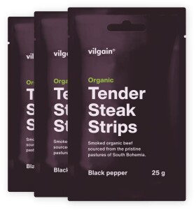 Vilgain Sušené steakové prúžky BIO – 3× čierne korenie 25 g