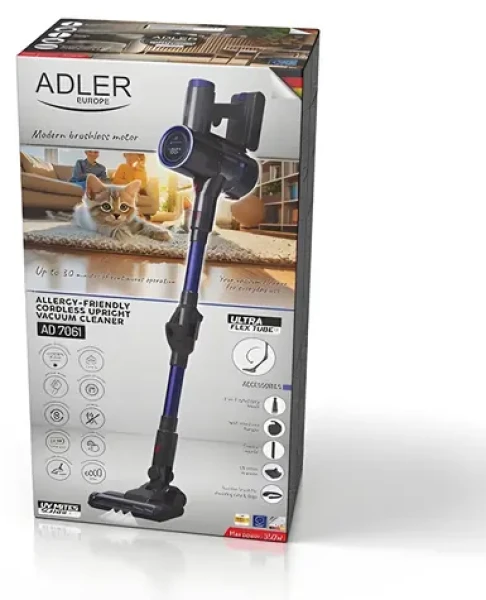 Adler AD 7061 čierna, modrá / Tyčový aku vysávač / 200 W / 0.8 L / 2200 mAh / bezvreckový / HEPA 13 / 23000 Pa (AD 7061)