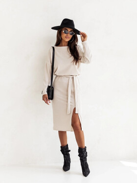 Elegantné béžové dámske midi šaty s opaskom (82137) odstíny béžové XL (42)