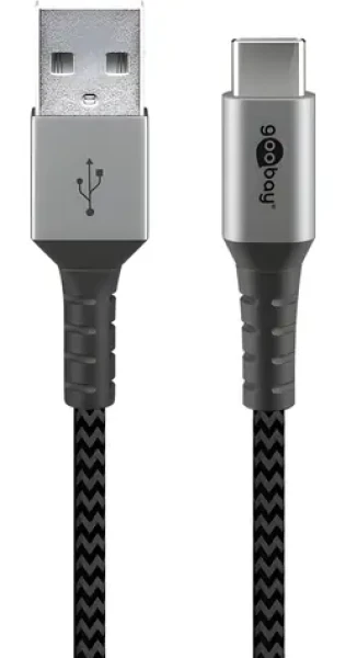 Goobay 49296 šedá/strieborná / Dátový kábel / USB-C - USB-A / textilné opletenie / kovové konektory / 1 m (49296)