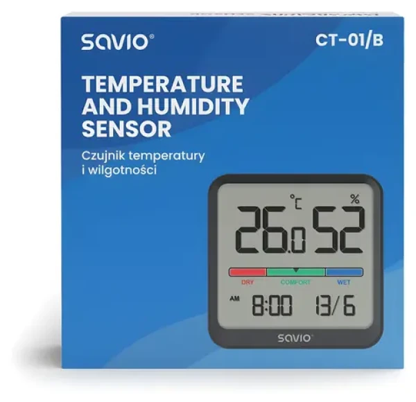 Snímač teploty a vlhkosti CT-01/B čierna / Senzor / vnútorný / LCD displej / hodiny (SAVCT-01/B)