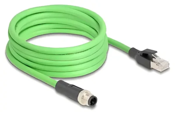 DeLock M12 4-pin D-kód (M) - RJ45 (M) / Priemyselný ethernetový kábel / 5 m / PUR(TPU) / -25-80 °C (80429)