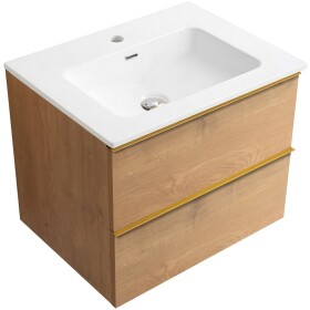CERANO - Kúpeľňová skrinka Velora - dub medový, úchytka zlatá + keramické umývadlo Novo - biela lesklá - 71x54,5x46,5 CER-979915