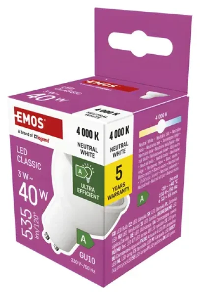 Emos Classic MR16 3W GU10 / Žiarovka / náhrada za 40W / neutrálna biela / 535 lm (1525730423)