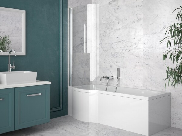 BESCO - Asymetrická vaňa INSPIRO vrátane vaňovej zásteny - FARBA rámu - Hliník leštený, Nožičky k vani - Bez nožičiek, Rozmer vane - 160 × 70 cm, Výplň - Číre bezpečnostné sklo - 5 mm, Spôsob prevedenia - Ľavé VANINSPIR160L