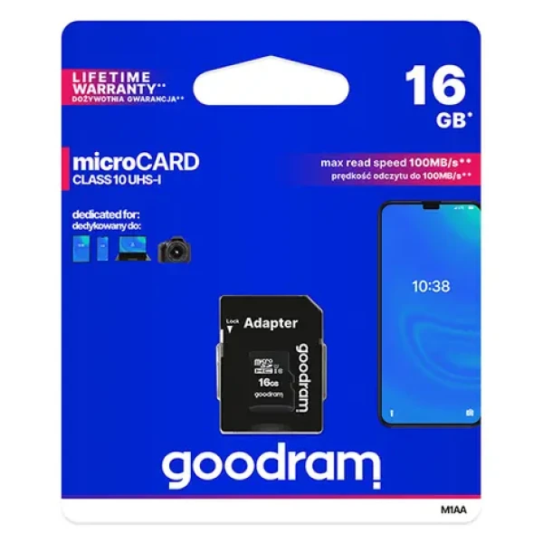 Goodram microSDHC 16GB + adaptér / Class 10 / UHS-I U1 / R: 100 MBs / W: 10 MBs (M1AA-0160R12)