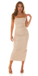 Sexy bandeau midi dress in leather look with slit BEIGE