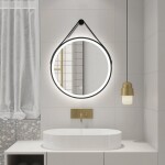 AQUALINE - STAGO guľaté zrkadlo s LED osvetlením priemer 60cm, kožený popruh, dotykový senzor, stmievateľné, čierna mat SG060