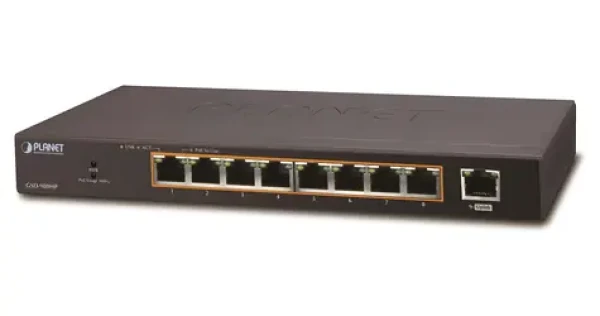 Planet PoE switch 8-portový fanless / Switch / 9x 10/100/1000 Mbps TP / 8x PoE 802.3at 30W/120W (GSD-908HP)