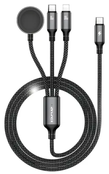 AWEI W23 3v1 čierna / Nabíjací kábel / USB-C / Lightning / pre hodinky / 1,2 m / 100W (W23)