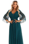 654-1 Dlhé lesklé plus size šaty s výstrihom a priehľadnými rukávmi - fľaškovo zelené UNI