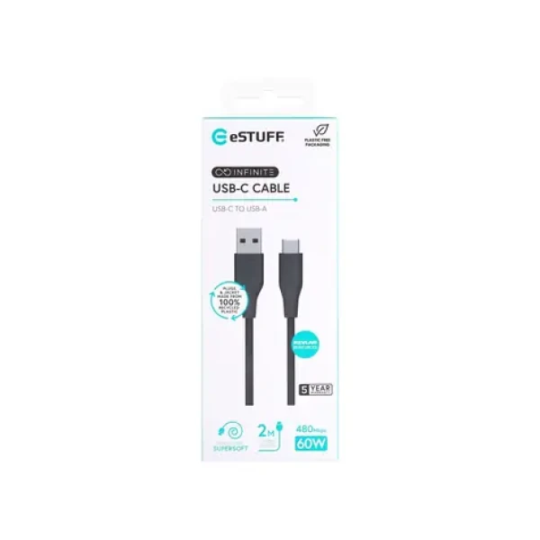 ESTUFF INFINITE (GRS) čierna / Kábel / USB-C - USB-A / 2 m / 60 W PD (ES605280)