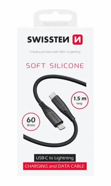Swissten SOFT SILICONE dátový kábel USB-C - Lightning 1.5m čierna / 60W / 3A / 1x USB-C(M) / 1x Lightning(M) (71534010)