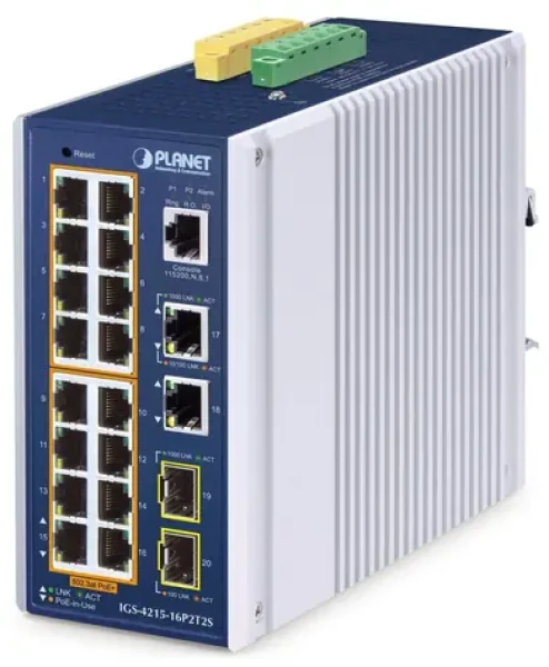 Planet IGS-4215-16P2T / Switch priemyselný / L2/L4 Managed / 16x Gigabit PoE+ RJ-45 / 2x SFP / IP30 (IGS-4215-16P2T2S)