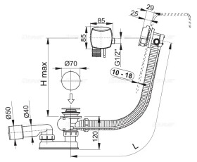 Alcadrain 1 - Alcadrain Sifón vaňový automat s napúšťaním prepadom pre hrubostenné vane, kov A565KM1-80 A565KM1-80