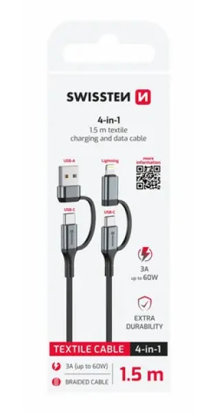 Swissten Textilný dátový kábel 4v1 60W USB-C/USB-A/Lightning 1.5m čierna (74501102)