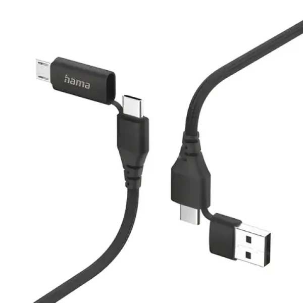 HAMA USB kábel 4v1 čierna / Nabíjací kábel / USB-A + USB-C / USB-C + Micro-USB / 1,5 m