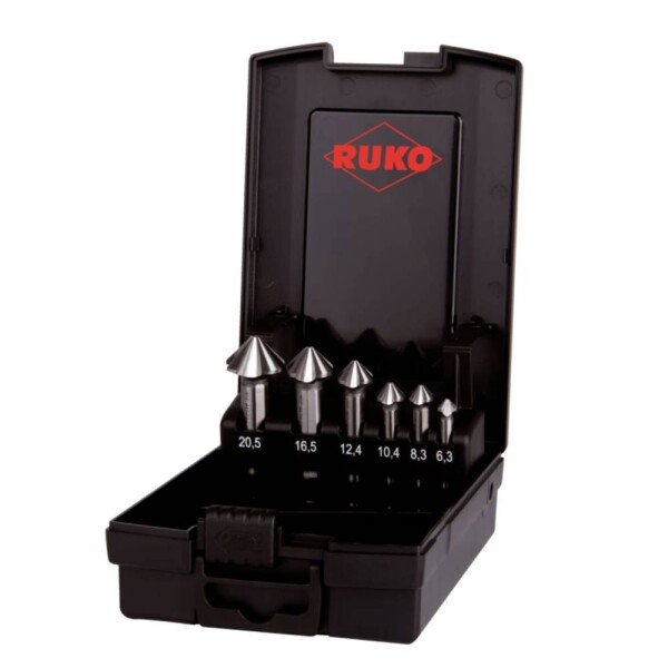 RUKO ULTIMATECUT 4S 102890RO sada kužeľových záhlbníkov 6-dielna 6.30 mm, 8.30 mm, 10.40 mm, 12.40 mm, 16.50 mm, 20.50 mm HSS valcová stopka 1 sada; 102890RO