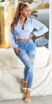 Sexy skinny džínsy s vysokým pásom "perfect blue" roztrhané denimblue 44