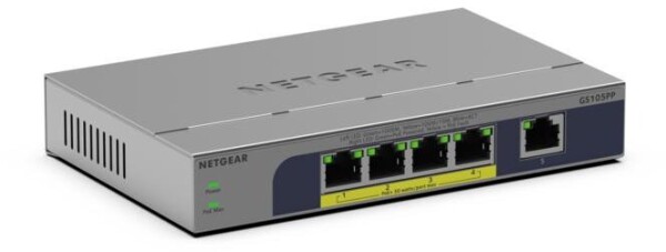 NETGEAR NETGEAR GS105PP - Switch - unmanaged - 1 x 10/100/1000 + 4 x 10/100/1000 (PoE+) - Desktop, wandmontierbar - PoE+ (83 W)