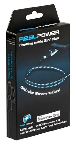 RealPower USB kábel 2v1 LED modrá / Dátový a nabíjací kábel / USB-A - microUSB Lightning / 0,75 m (185961)