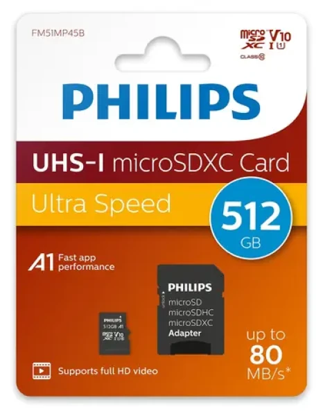 Philips microSDXC 512 GB + adaptér / Micro SD karta / Class 10 / UHS-I U1 / čítanie: 80 MB/s / zápis: 30 MB/s (FM51MP45B/00)