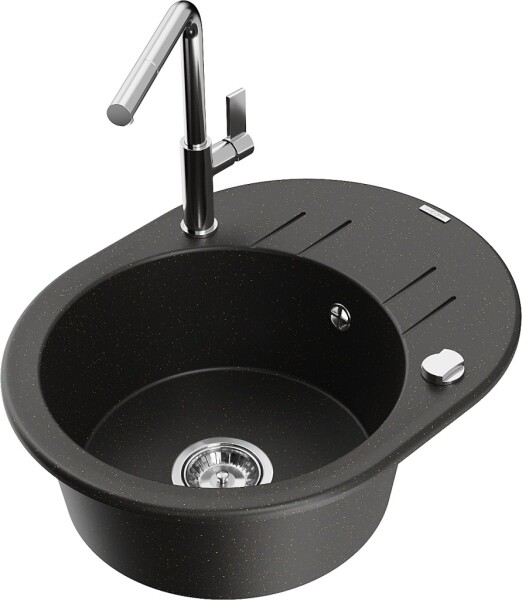 MEXEN/S MEXEN/S - Kevin granitový drez 1-miska s odkvapkávačom vrátane batérie Flora, čierna/zlatá metalik 6517-75-670401-00