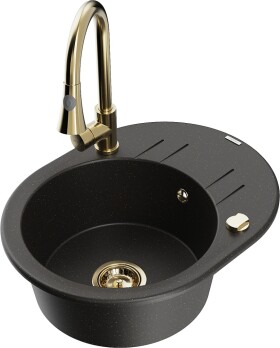 MEXEN/S MEXEN/S - Kevin granitový drez 1 s odkvapkávačom vrátane batérie Elia, čierna/zlatá metalik 6517-75-670101-50