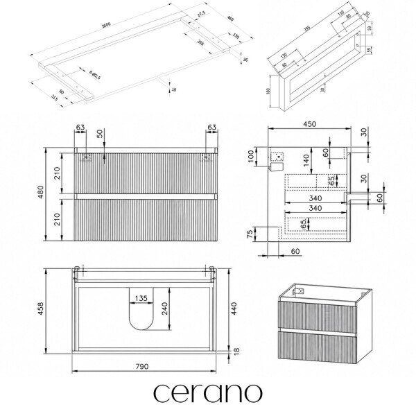 CERANO - Kúpeľňová skrinka Carole - biela matná ryhovaná + doska pod umývadlo Navira Pro - 36 mm + konzola chróm - 160x46x51,6 CER-408199