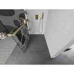 MEXEN/S - Kioto+ L Sprchová zástena WALK-IN s poličkou a držiakom uterákov 120 x 200, biely vzor, zlato kartáčovaná 800-120-123-55-97