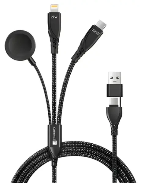 Connect IT Wirez 6in1 čierna / Nabíjací a dátový kábel / USB-C / Lightning / pre hodinky / 1,25 m / 100 W (CCA-2300-BK)
