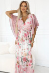 603-4 Vzdušné maxi šaty s obálkovým výstrihom a kvetinovým vzorom - PINK Roses UNI