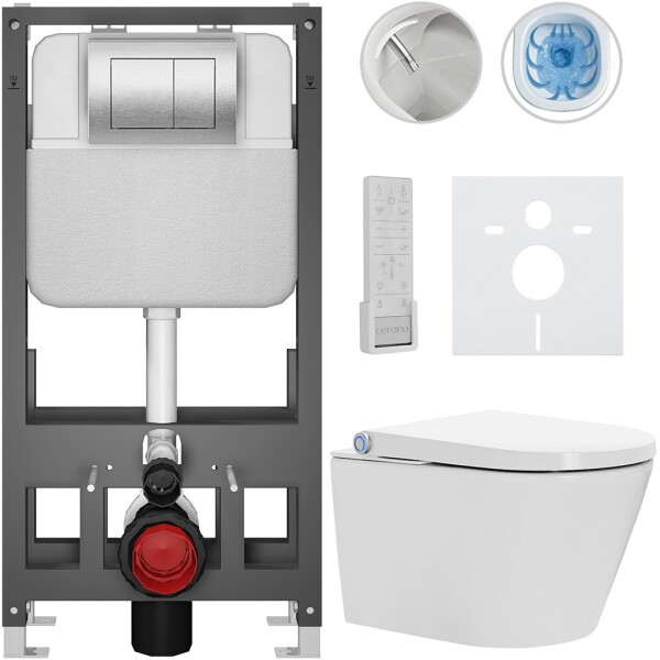 CERANO - Závesné WC s bidetom Basic/Cronus Premium - biela lesklá - WC tlačidlo Maxio/Strieborná - voľne stojaca - predstenová inštalácia - 59,3x38,4 CER-8050BD86492