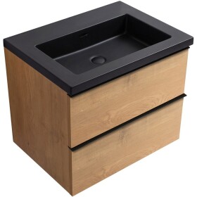CERANO - Kúpeľňová skrinka Velora - dub medový, úchytka čierna + umývadlo z lit. mramoru Ovo - čierna matná - 70,5x58x46,5 CER-979971