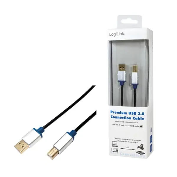LogiLink USB-A - USB-B 2m čierna / Kábel / hliníkové púzdro / USB 2.0 (BUAB220)