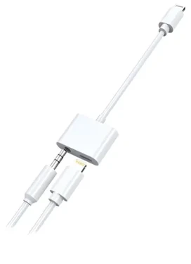 2GO biela / Audio nabíjací adaptér / Lightning na 3,5 mm + Lightning / kábel 10cm (797239)