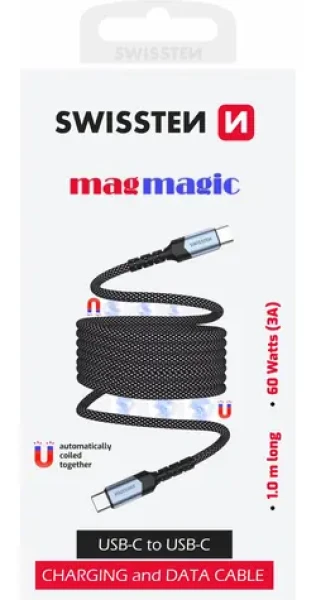 Swissten Magnetický dátový kábel USB-C - USB-C 1m / 60W / opletený (71551010)