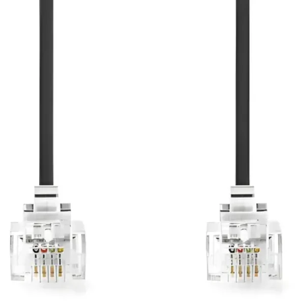 Nedis telefónny kábel RJ11-RJ11 plochý čierny / Telefónny kábel / RJ11-RJ11 / pozlátené konektory / 2 m (TCGL90200BK20)