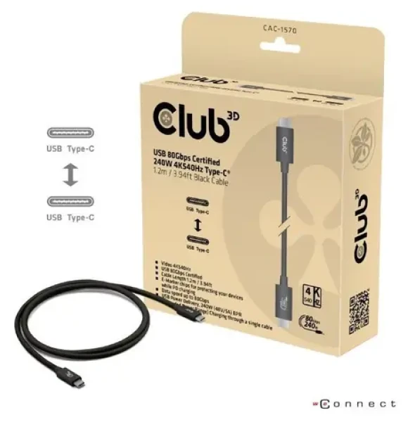 Club3D Kábel USB4 v2 Typ-C čierna 1,2 m / Kábel / USB4 v2 / 80 Gbit/s / PD 240W / 4K 540Hz (CAC-1570)