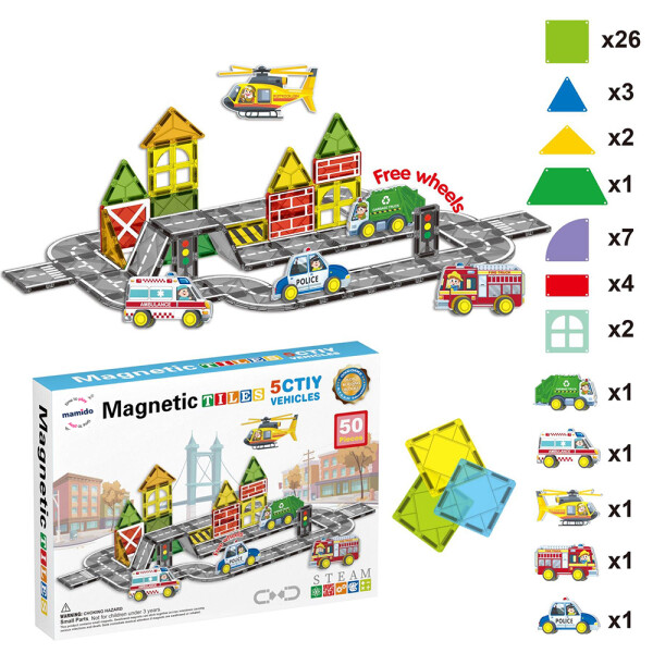 Mamido Mamido Magnetická stavebnica mesto 50 dielov, 5x služobné vozidlá MT1447