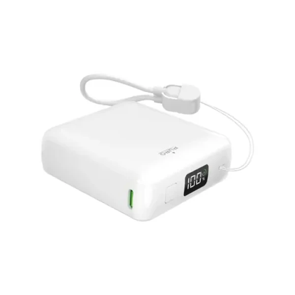 Puro 10000mAh biela / Powerbanka / 20 W PD / USB-C + USB-A / LED displej / vstavaný kábel USB-C