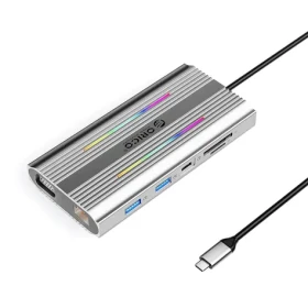 Orico USB-C Hub 12v1 RGB strieborná / Dokovacia stanica / 3x USB-A / USB-C PD 100W / HDMI 4K / VGA / RJ45 Gigabit (ORICO-XDR-X2-SV-BP)