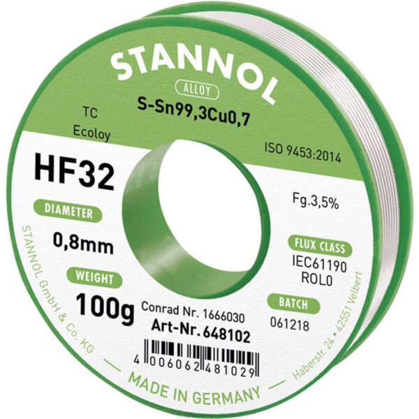 Stannol HF32 3,5% 0,8MM SN99,3CU0,7 CD 100G spájkovací cín bez olova bez olova, cievka Sn99,3Cu0,7 ROL0 100 g 0.8 mm; 648104